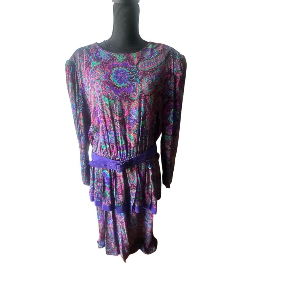 Vintage 80s Kari’s Korner Paisley Midi Dress Blouson Belted Size 20